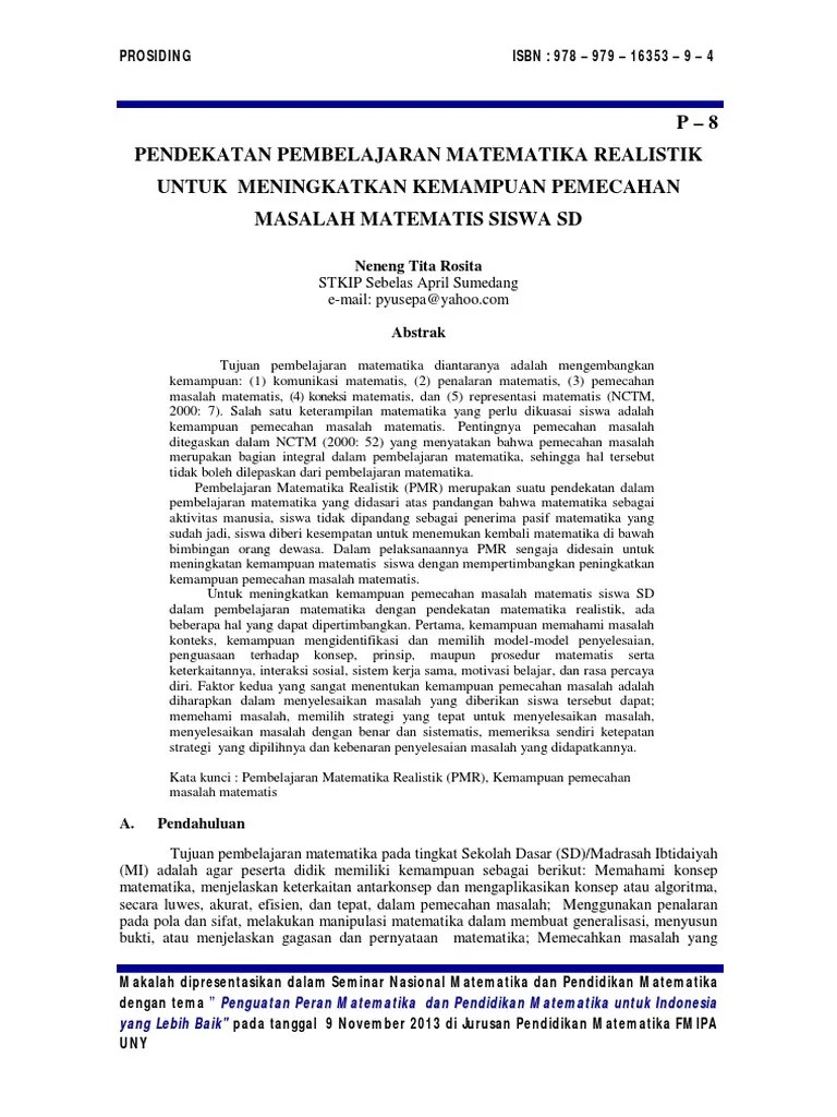PENDEKATAN PEMBELAJARAN MATEMATIKA REALISTIK UNTUK MENINGKATKAN KEMAMPUAN PEMECAHAN MASALAH