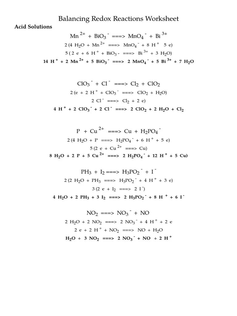 Balancing Redox Reactions Worksheet_key