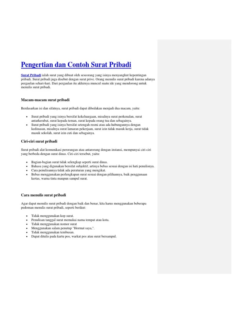 Pengertian Dan Contoh Surat Pribadi | PDF