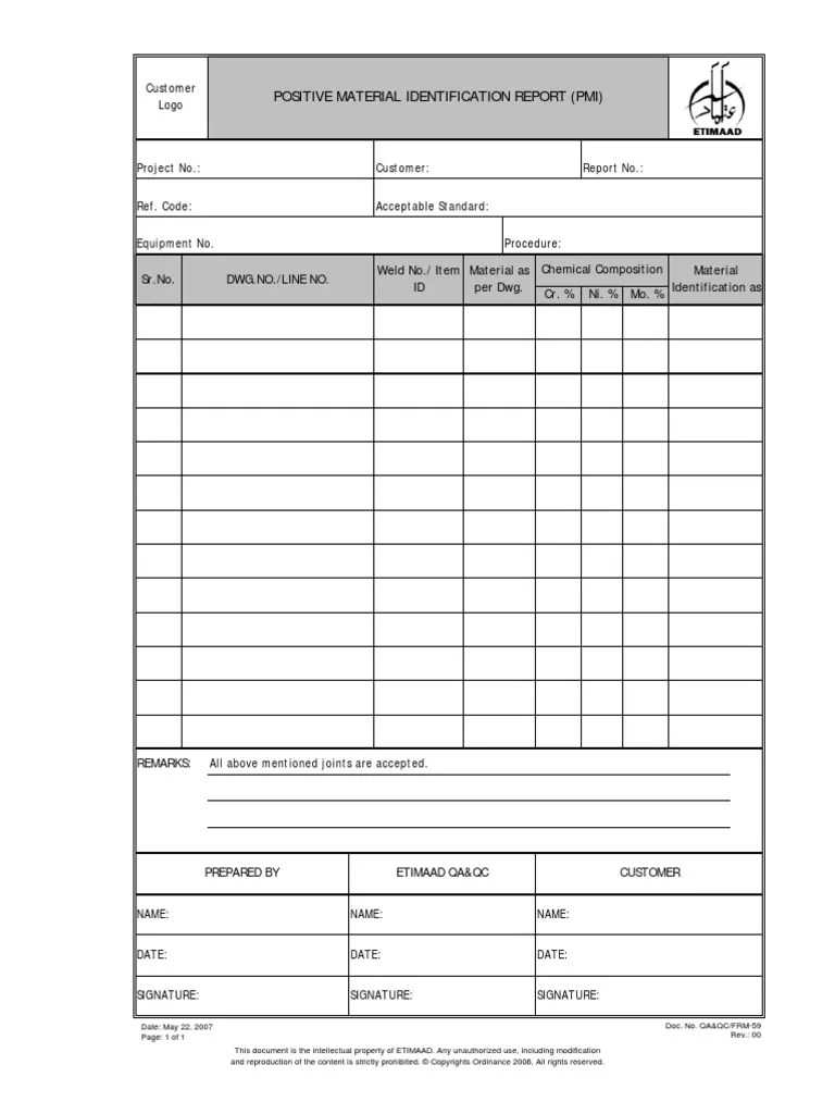 Positive Material Identification Report