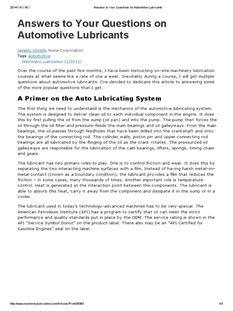 Answers To Your Questions On Automotive Lubricants A Primer On The
