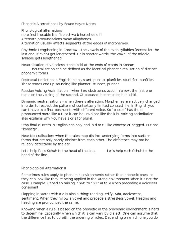 Notes for Alternations I and II by Bruce Hayes Phoneme Vowel