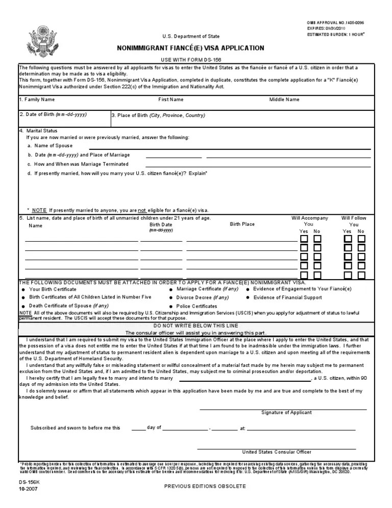 USA NonImmigrant Fiancee Visa Application Form