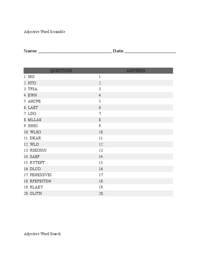 Adjective Word Scramble