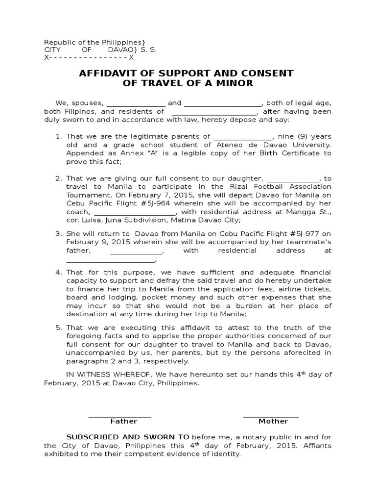 Affidavit of Support and Consent To Travel