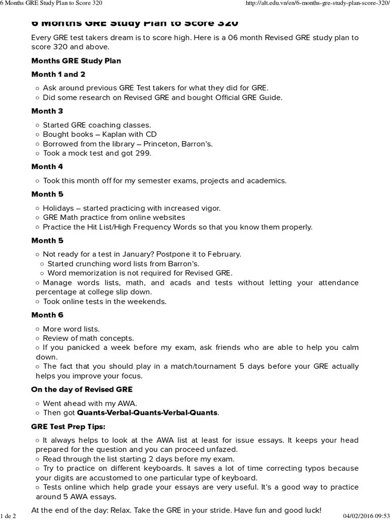 6 Months GRE Study Plan To Score 320 PDF