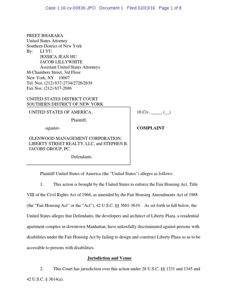 20160203 USAO SDNY Civil Rights Division Glenwood Fair Housing Act Complaint (16 CV 0836