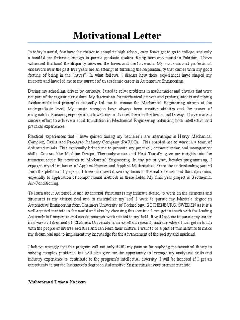 Motivational Letter For Master in Automotive Engineering From Chalmers