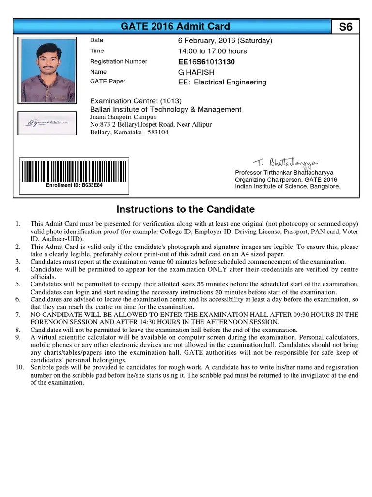 Gate 2016 Admit Card Sample PDF