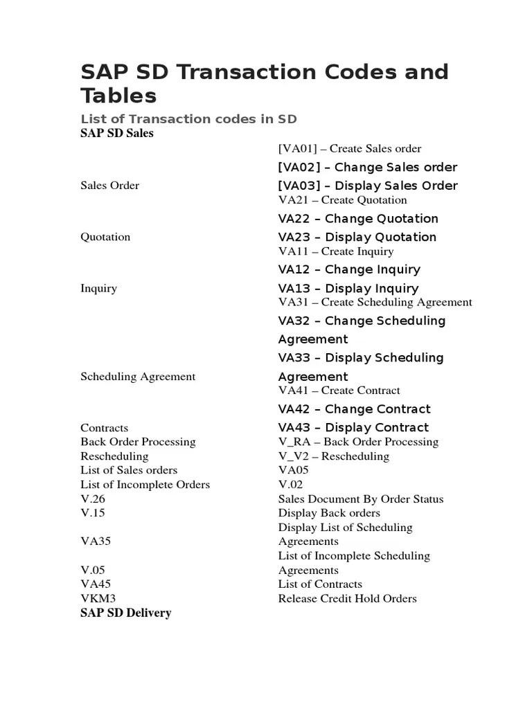 SAP SD Transaction Codes and Tables Invoice Business