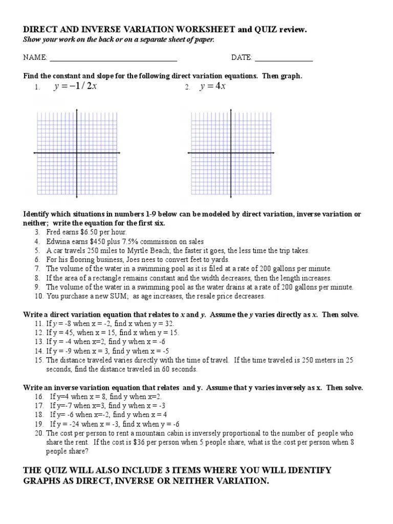Direct and Inverse Variation Worksheet PDF Teaching Mathematics