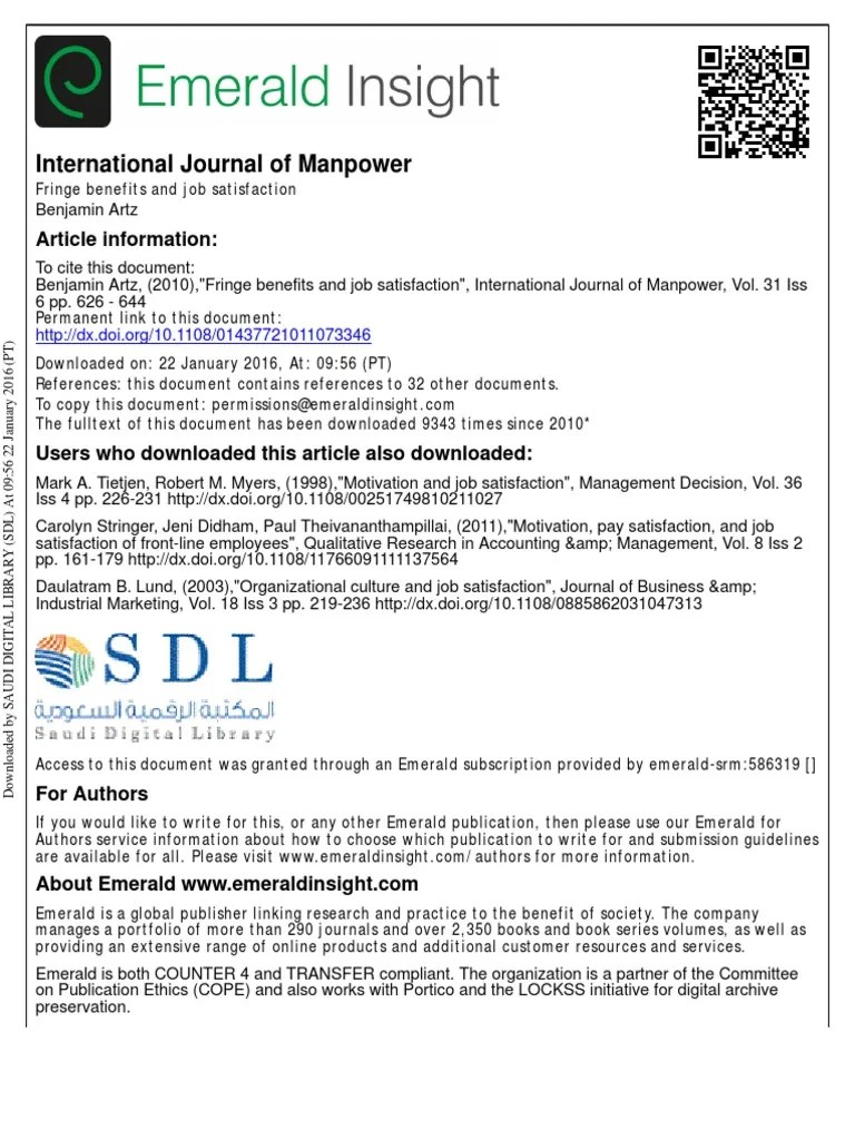 Fringe Benefits and Job Satisfaction PDF Employee Benefits