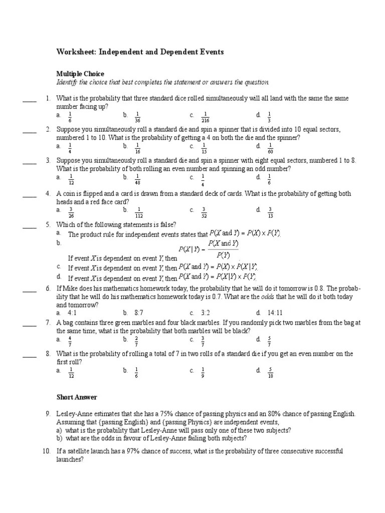 Worksheet Independent Events Dice Probability