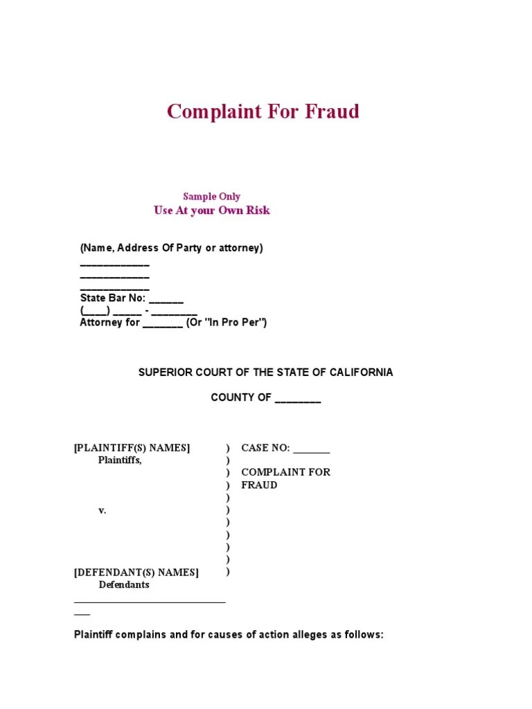 Complaint for Fraud Lawsuit Fraud
