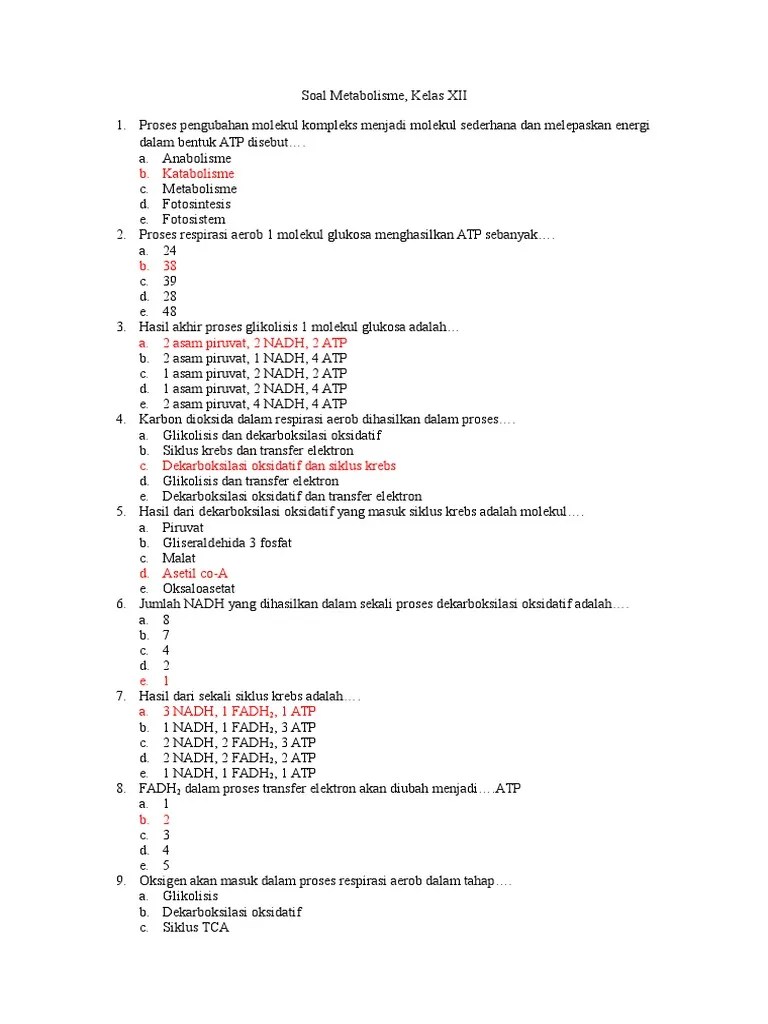 Soal Metabolisme, Kelas XII | PDF