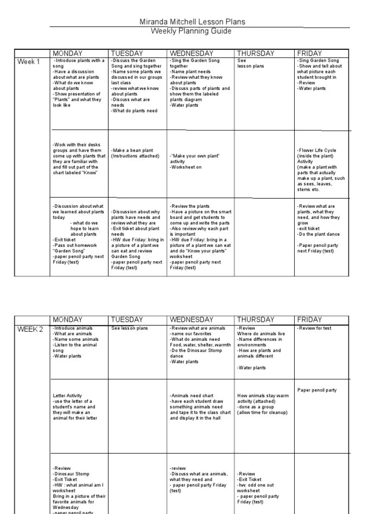 2 weekly lesson plan grid layout Lesson Plan Teaching
