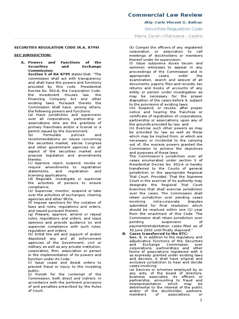 Securities Regulation Code Reviewer Comrev Securities