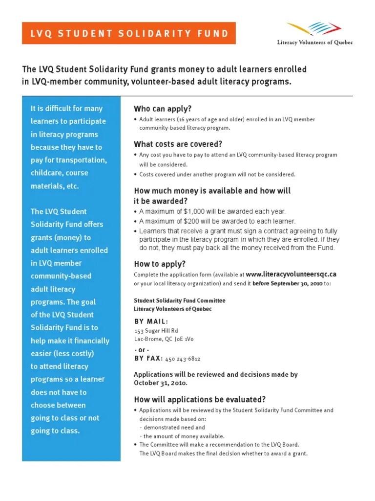 Student Solidarity Fund Application Form Adult Education Literacy