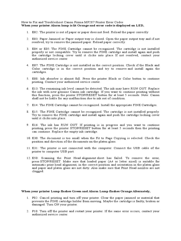 How To Fix and Troubleshoot Canon Pixma MP287 Printer Error Codes PDF