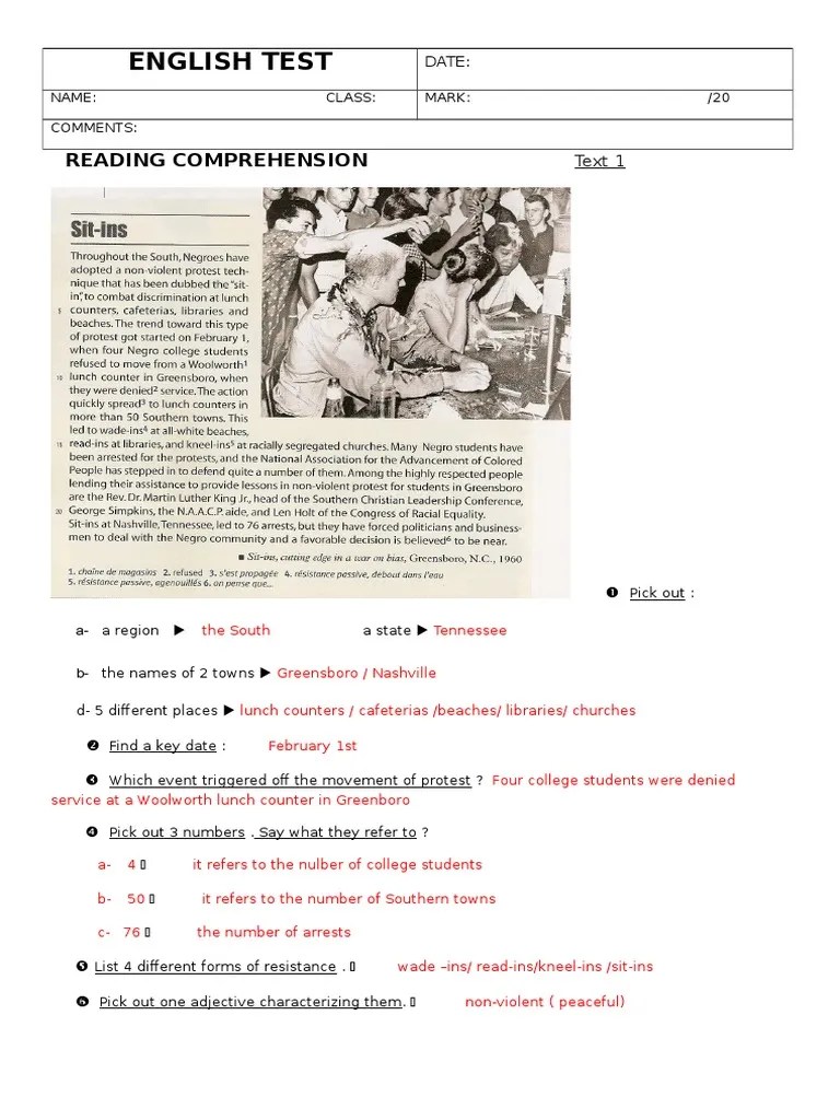 READING TEST N°1 answer key Rosa Parks Nonviolence