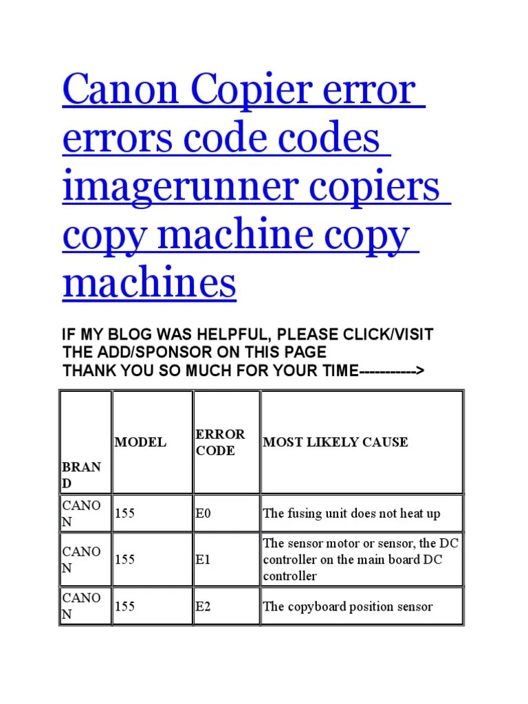 Canon Copier Error Errors Code Codes Imagerunner Copiers Copy Machine