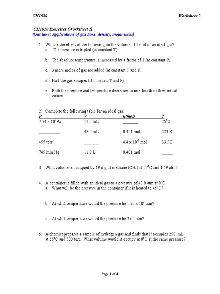 Worksheet_2(Gas Laws, Density, Molar Mass)(1)(1) Mole (Unit) Gases