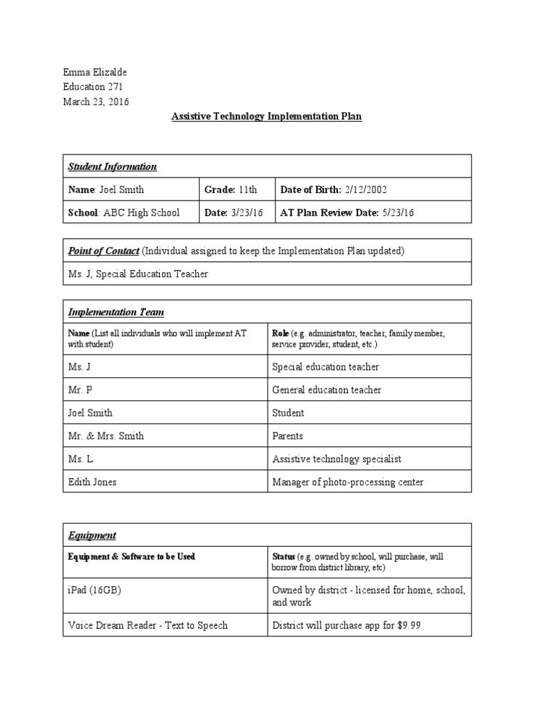Assistive Technology Implementation Plan Student Information PDF