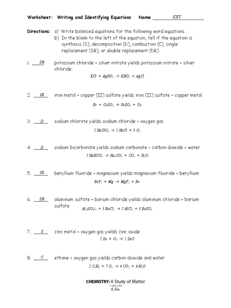 Worksheet Writing and Identifying Equations Name