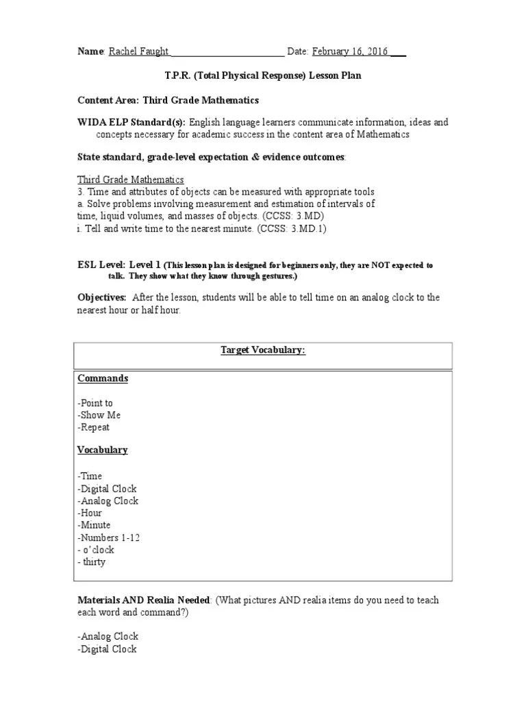 TPR Lesson Plan PDF Clock English As A Second Or Foreign Language