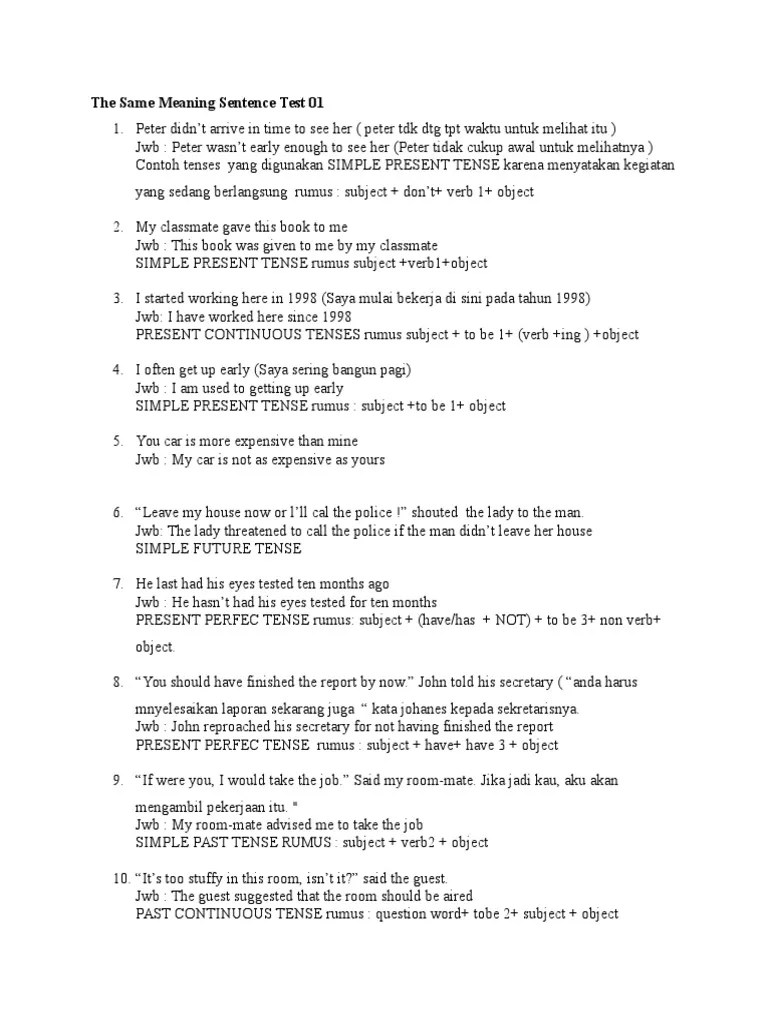 The Same Meaning Sentence Test PDF Subject (Grammar) Perfect