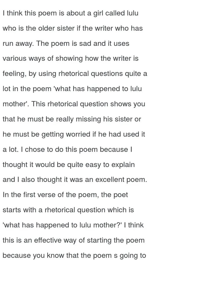 LULU the Poem is About a Girl Called Lulu Who is the Older Sister if