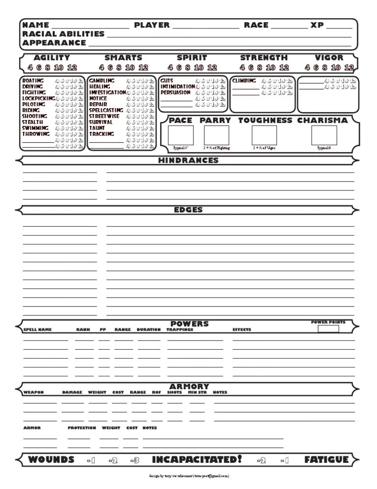 Savage Worlds Simple Savage Sheet Leisure