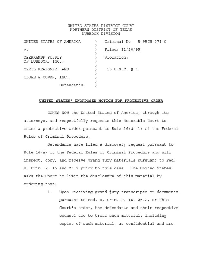 United States' Unopposed Motion For Protective Order PDF Discovery (Law) Witness