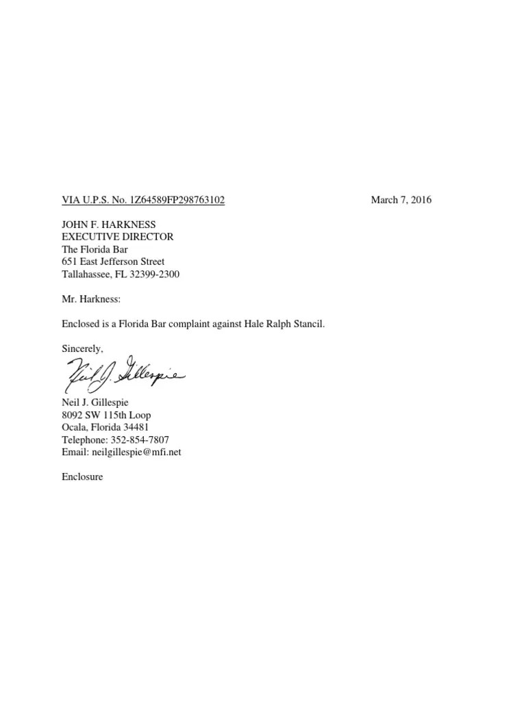 Florida Bar Complaint Against Hale Ralph Stancil Paralegal Lawyer