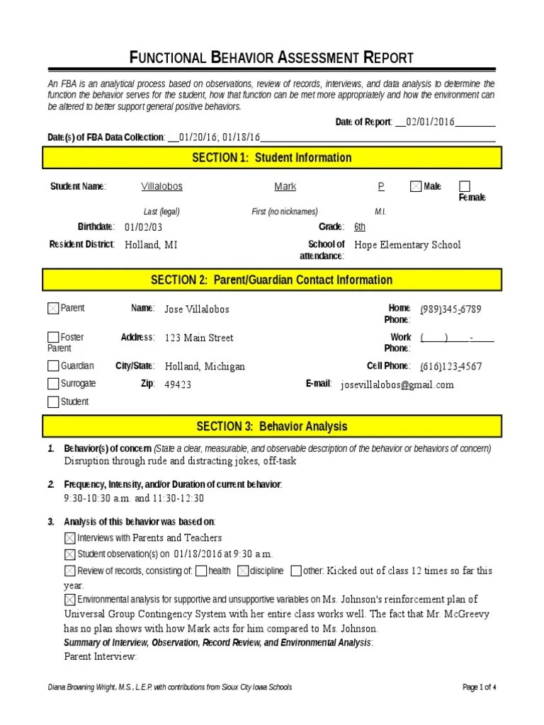 fba report Individualized Education Program Classroom