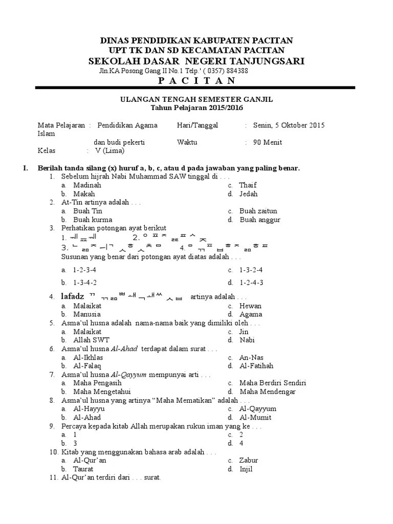 Soal Uts Pai Kelas 5