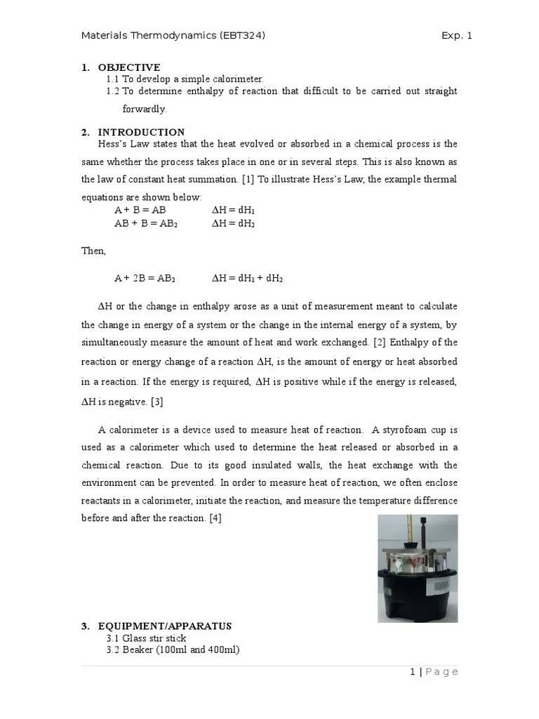 Lab Report Materials Thermodynamics Hee's Law determine the enthalpy