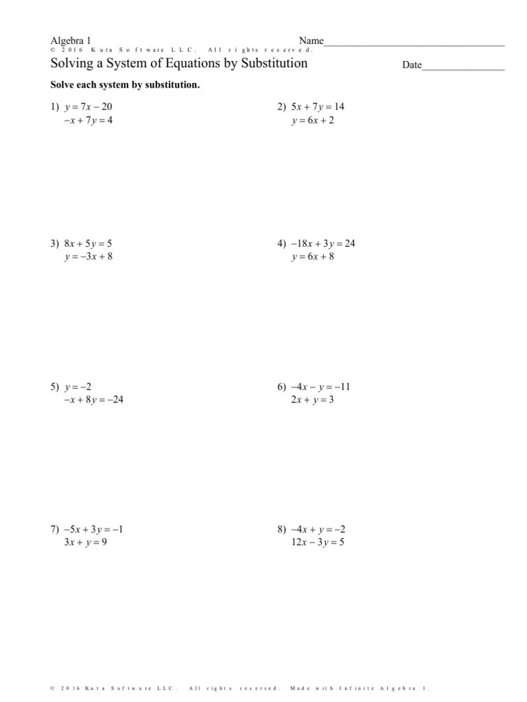 Solving A System of Equations by Substitution Worksheet Special Cases