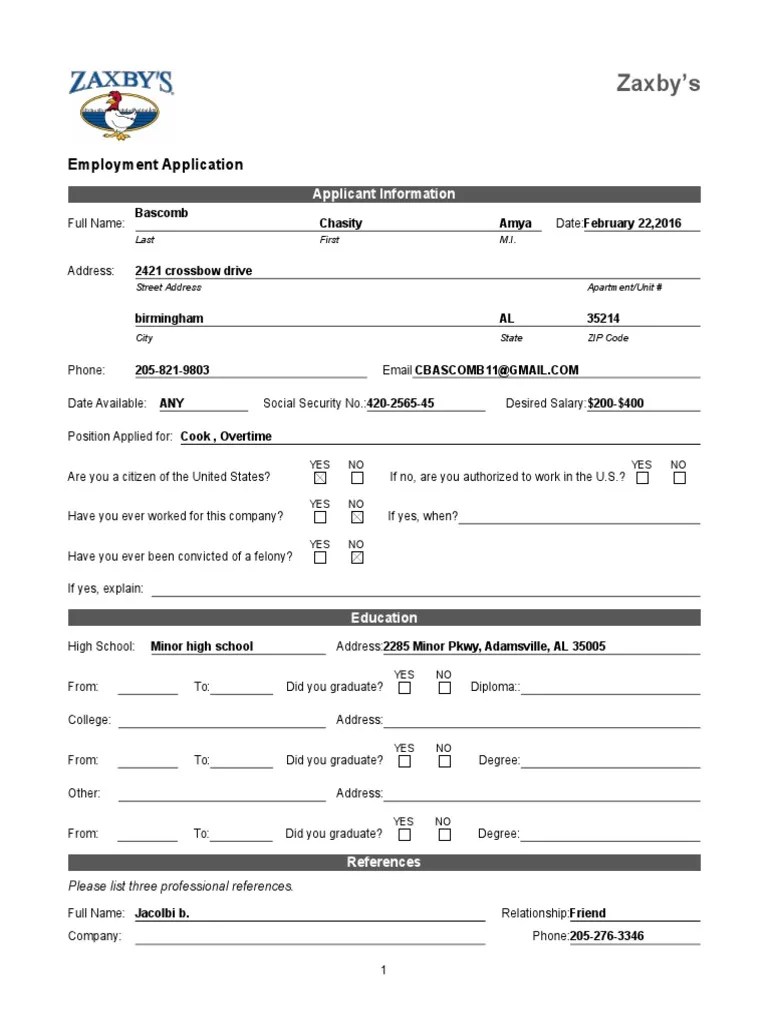 Zaxby's Employment Application PDF