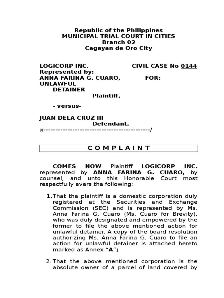 Complaint Unlawful Detainer Lawsuit Complaint
