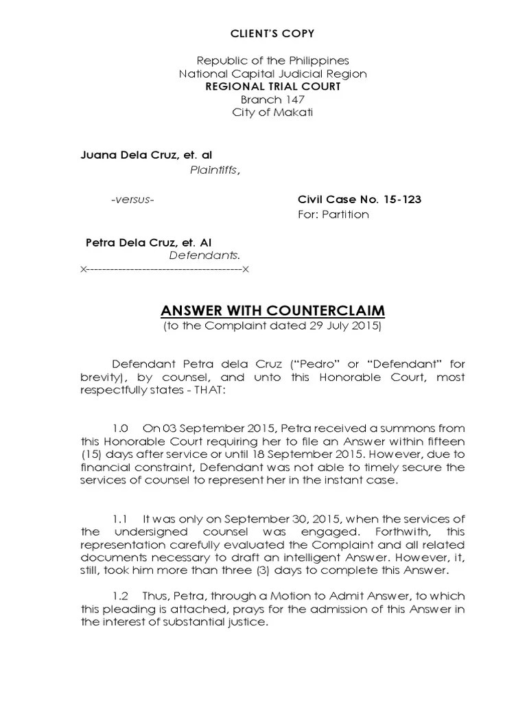Answer With Counterclaim Lawsuit Complaint