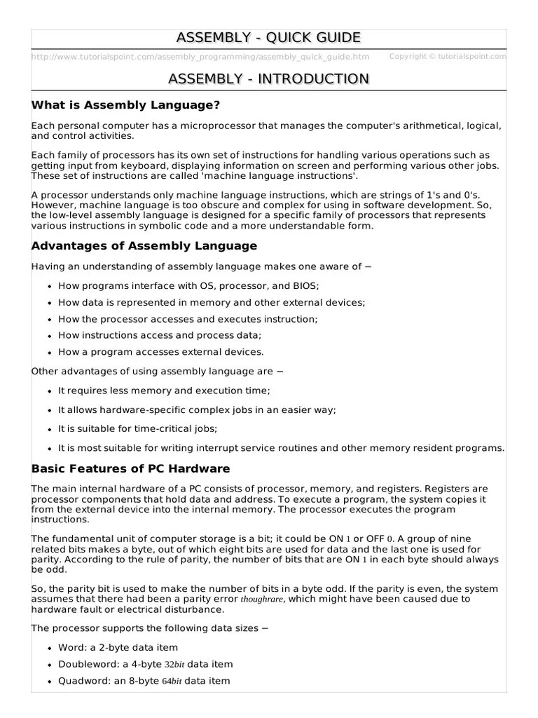 Assembly Quick Guide PDF Assembly Language Instruction Set
