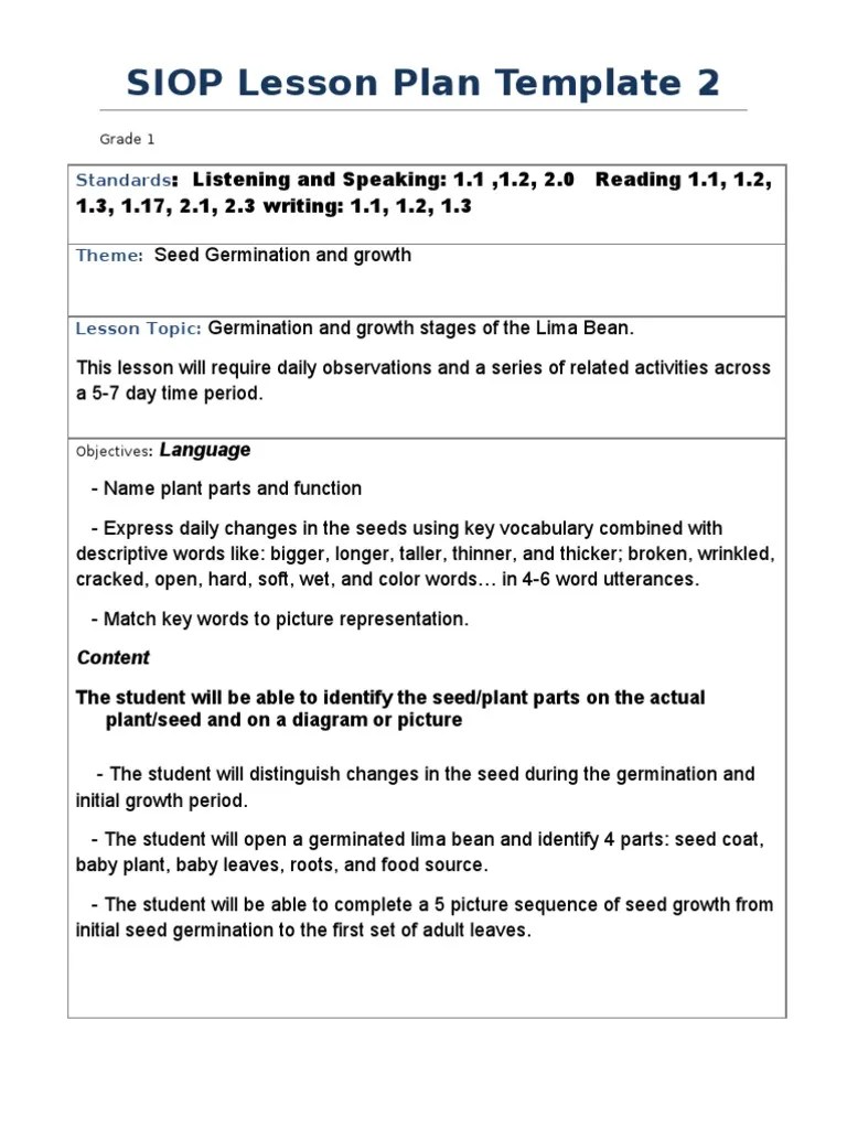 Siop Lesson Plan Sample Vocabulary Lesson Plan