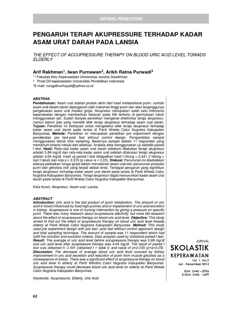 PENGARUH TERAPI AKUPRESSURE TERHADAP KADAR ASAM URAT DARAH PADA LANSIA