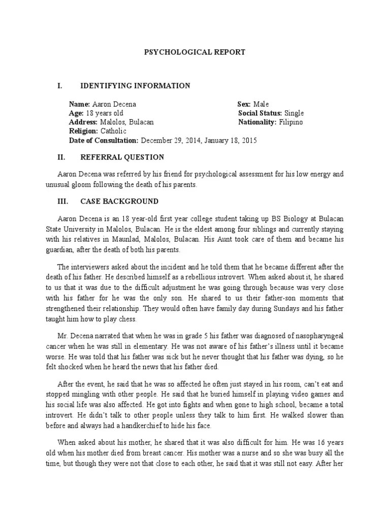 PSYCHOLOGICALREPORT FULL.docx Major Depressive Disorder Self Esteem