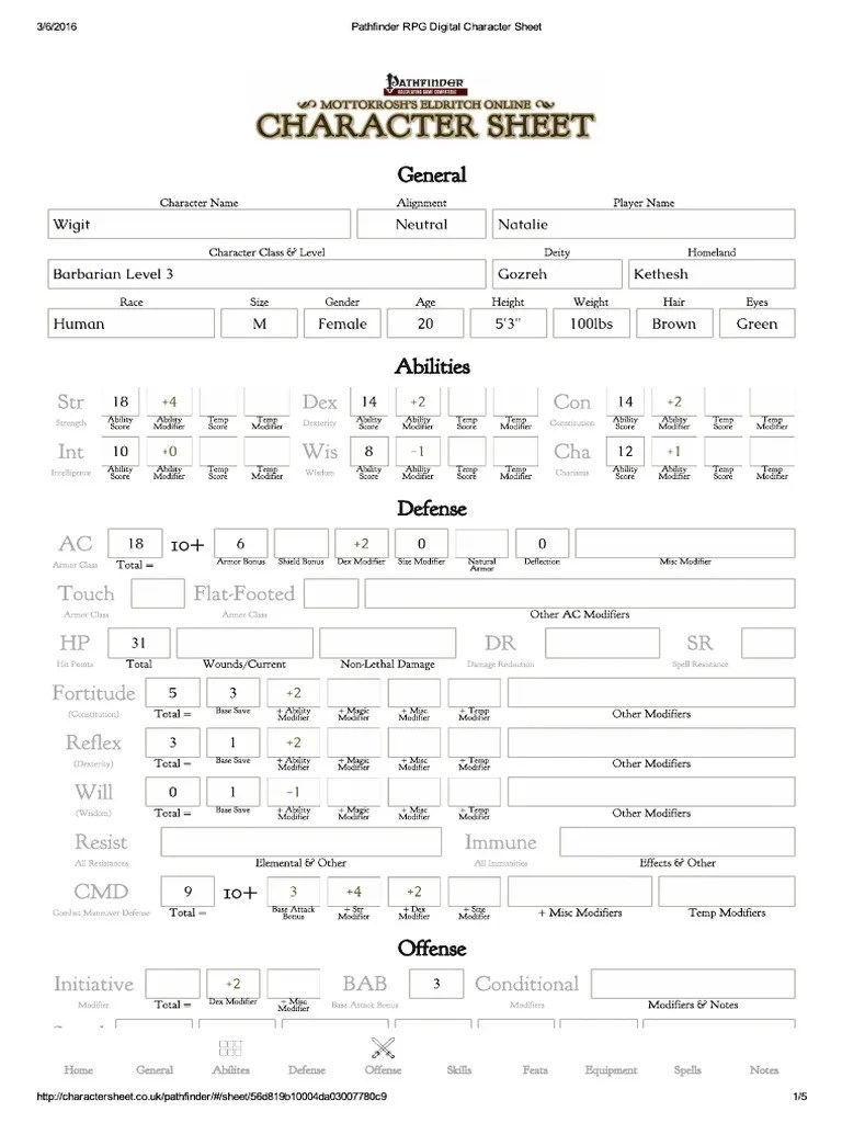 Pathfinder RPG Digital Character Sheet Wigit