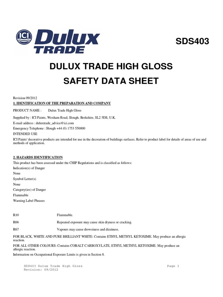 MSDS Dulux Brilliant White PDF Occupational Hygiene Hygiene