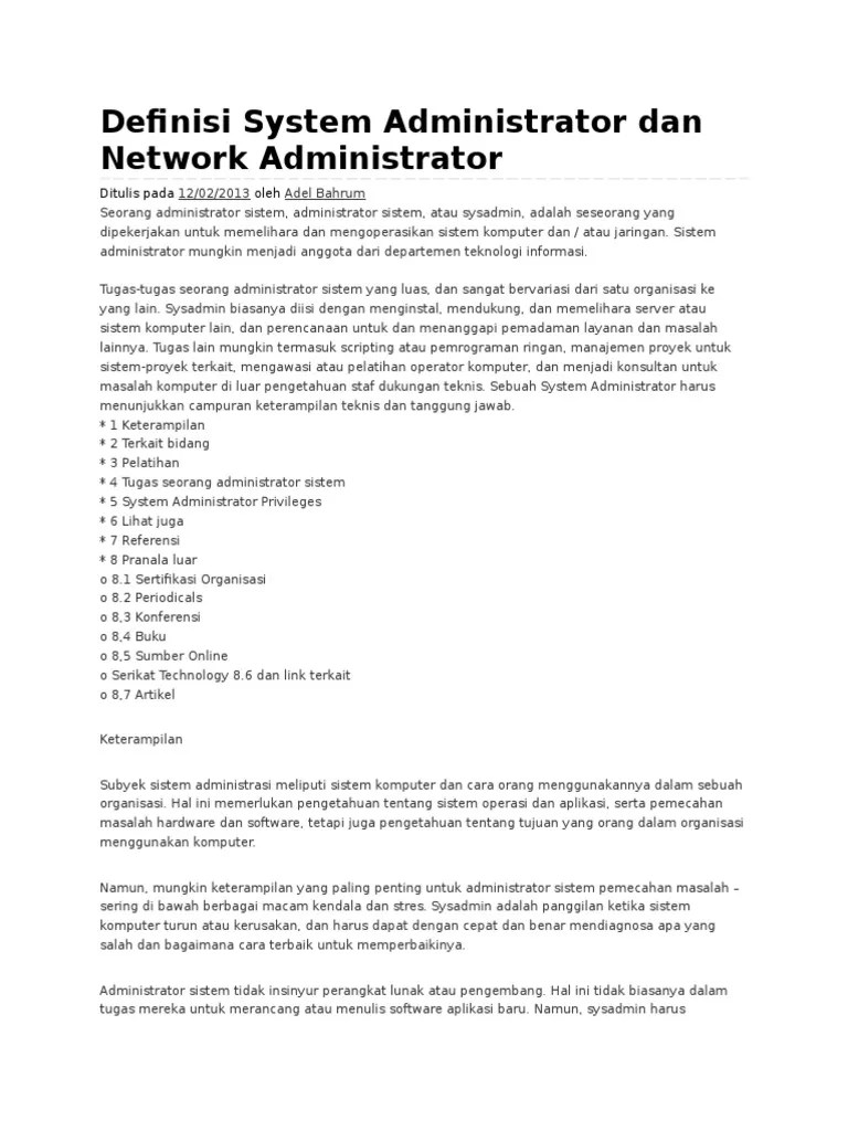 Definisi System Administrator Dan Network | PDF
