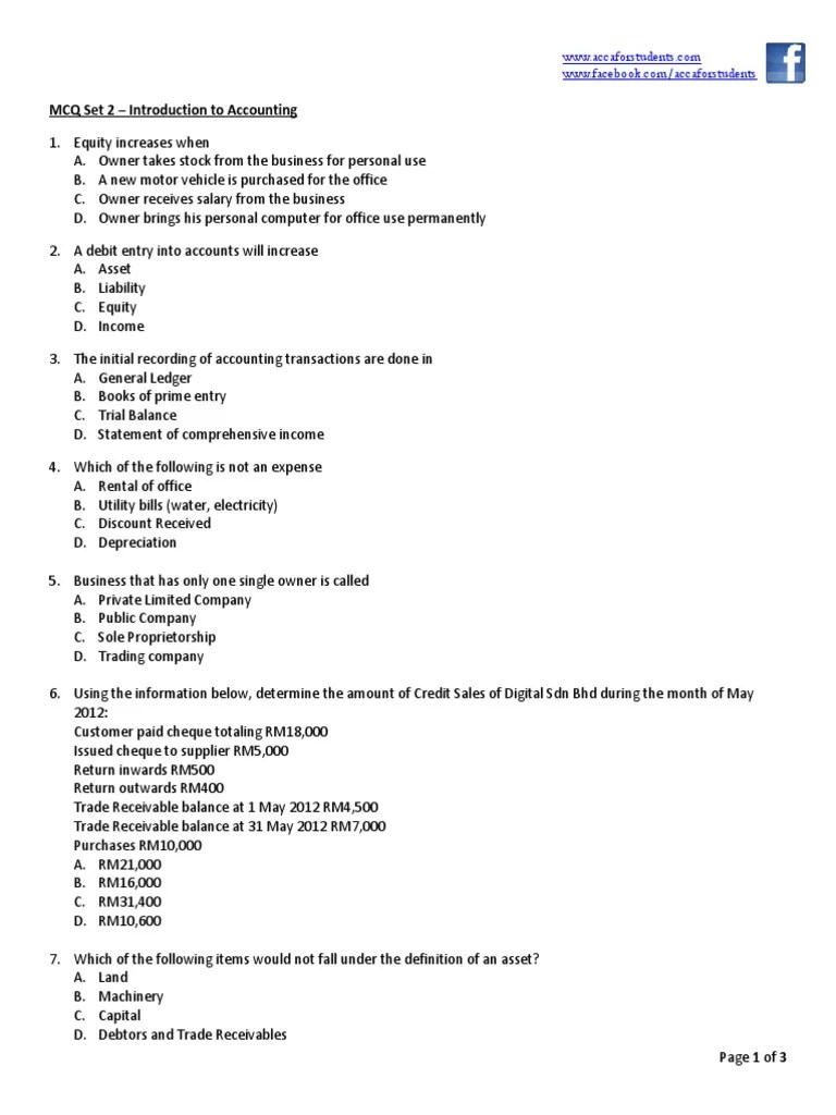 MCQ Questions Set 2 Introduction to Accounting Debits And Credits