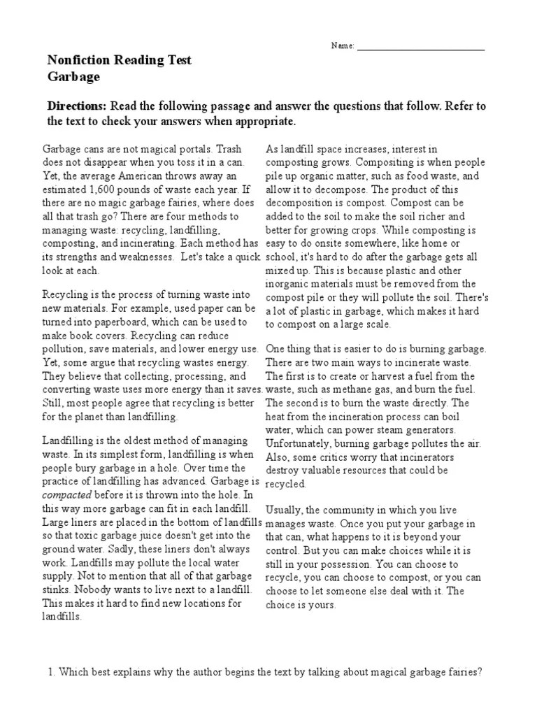 Nonfiction Reading Test Garbage Waste Landfill